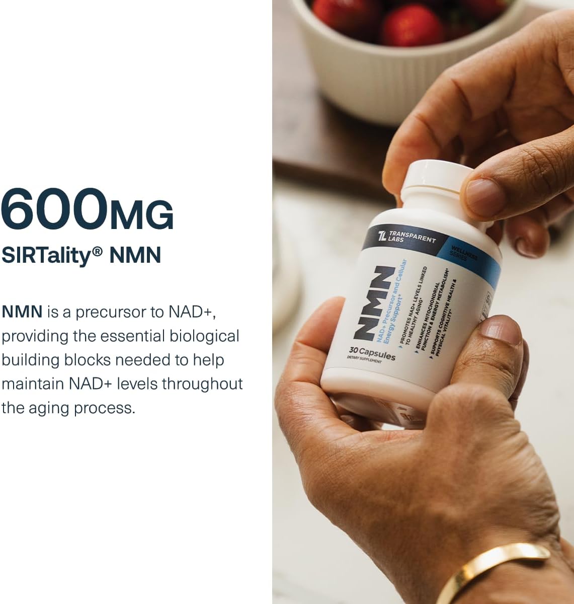 Transparent Labs NMN Supplement for NAD+ Levels - NAD Supplement with 600 mg Nicotinamide Mononucleotide to Support Healthy Aging, Cellular Energy Production, & Metabolic Balance - 30 Count