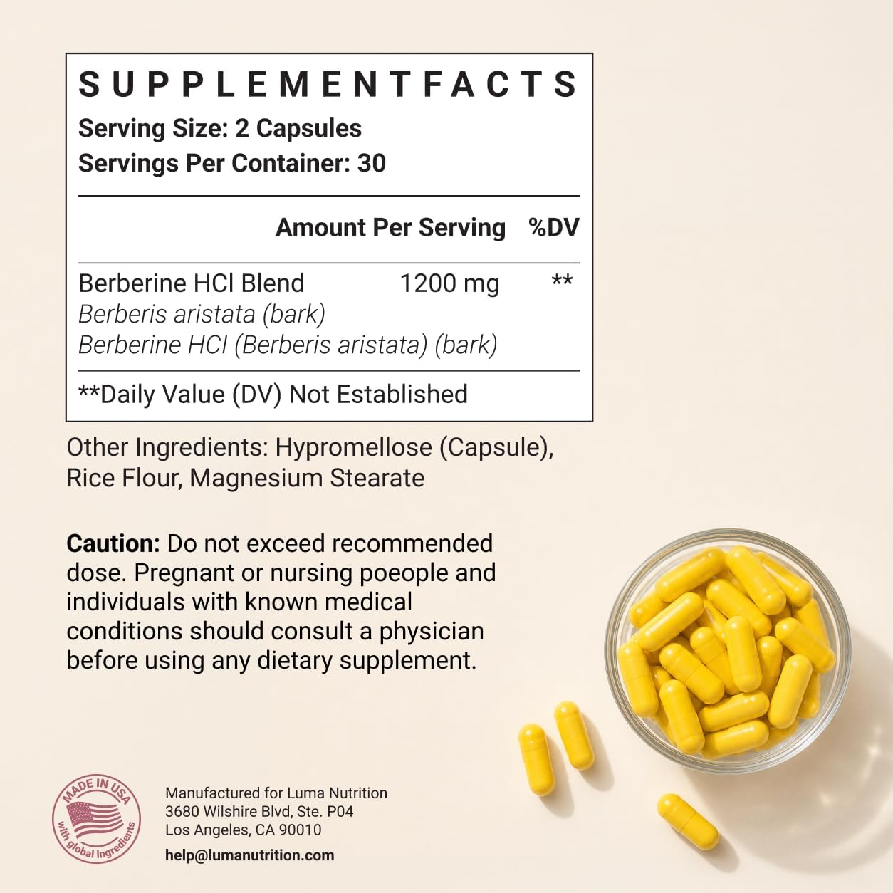 Luma Nutrition Pure Berberine Supplement - Berberina 1200mg - 60 Capsules