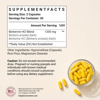 Luma Nutrition Pure Berberine Supplement - Berberina 1200mg - 60 Capsules