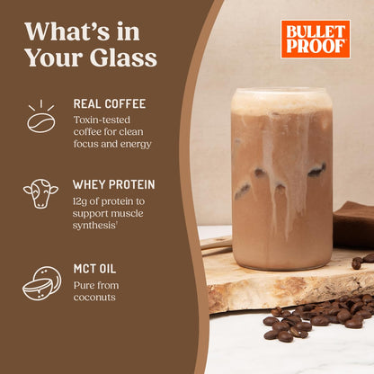 Bulletproof Iced Protein Coffee, Mocha, 12g Whey Protein + MCT Oil, 170mg Caffeine, Instant Coffee from Real Beans & Cocoa, Tested for Toxins, No Artificial Flavors & Sweeteners, 14 Servings