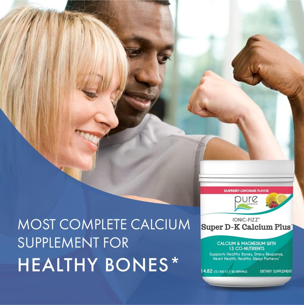 Ionic Fizz Super D-K Calcium Plus by Pure Essence - with Extra Magnesium, Vitamin D3, Vitamin K2 for Strong Bones and Stress Support - Mixed Berry - 7.41oz