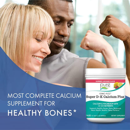 Ionic Fizz Super D-K Calcium Plus by Pure Essence - with Extra Magnesium, Vitamin D3, Vitamin K2 for Strong Bones and Stress Support - Mixed Berry - 7.41oz