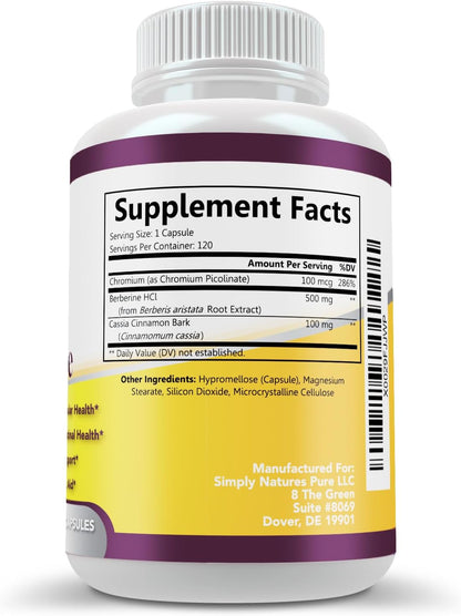 Simply Natures Pure Premium Berberine HCl 500mg - 120 Capsules - Cardiovascular Gastrointestinal Immune Support - Chromium Cinnamon