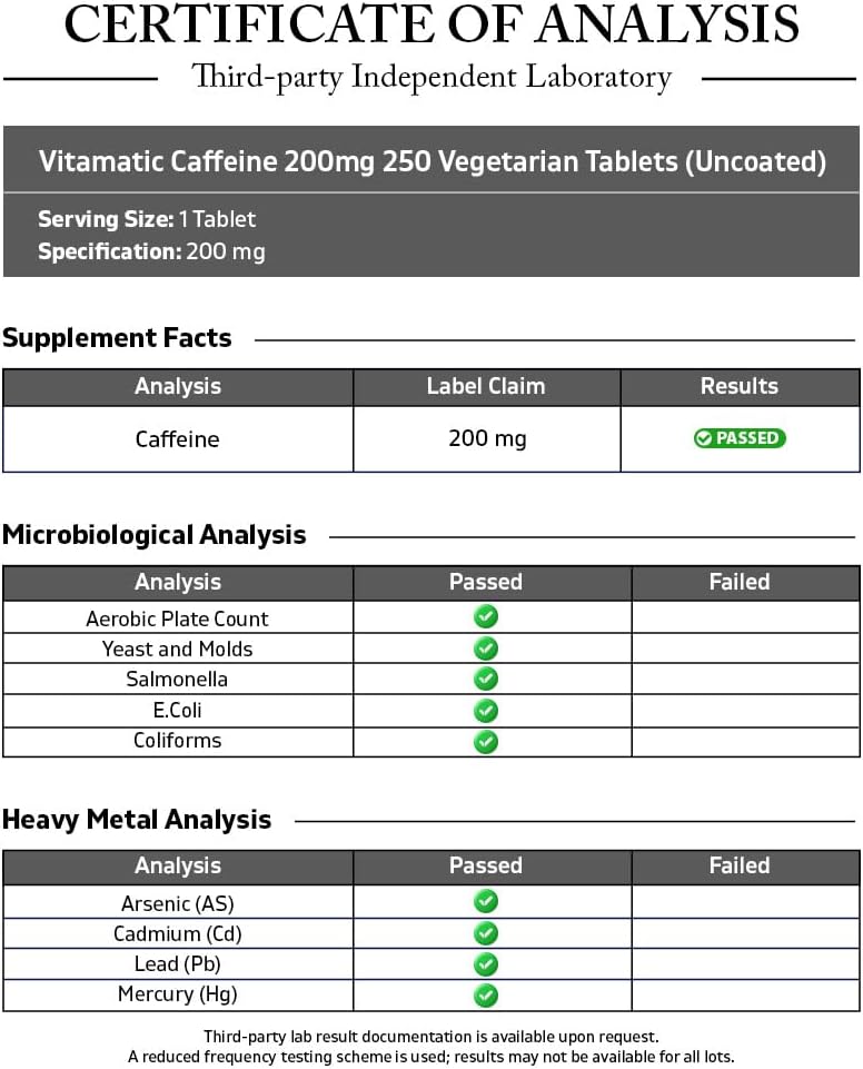 Vitamatic Caffeine Pills 200mg per Serving, 250 Vegetarian Tablets | Support Energy Support & Endurance Performance*, Non GMO, Gluten Free, Made in USA