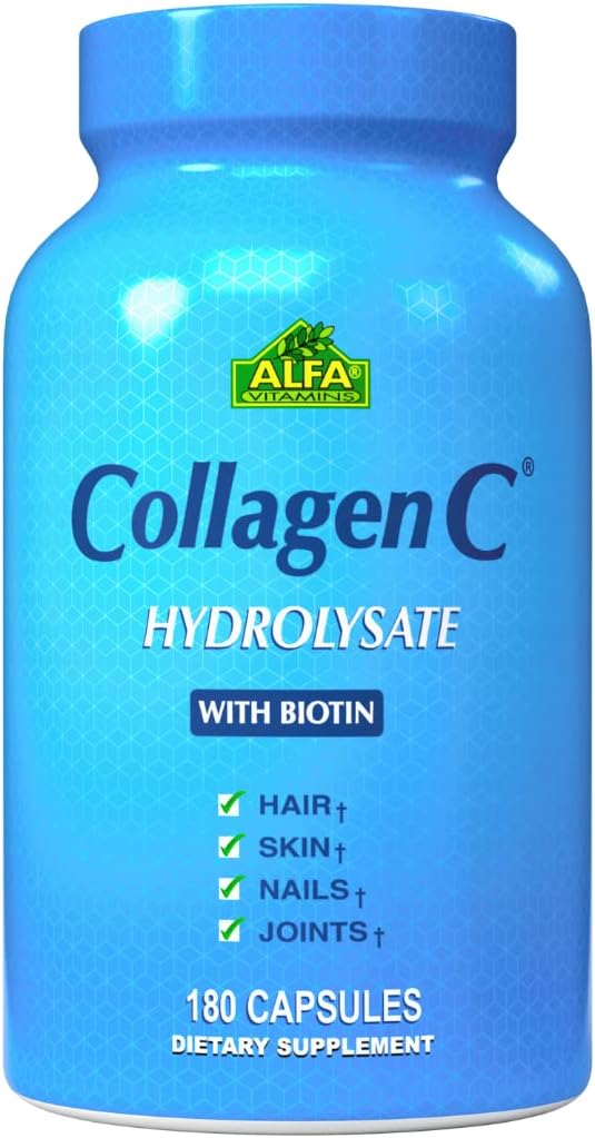 ALFA VITAMINS CollagenC Collagen Hydrolysate Capsules with Biotin - Anti-Aging Nutritional Supplement for Skin, Nails & Hair Rejuvenation - Supports Bone & Muscle - Made in USA - 180 Capsules - 1 Pack
