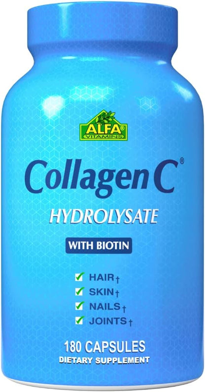 ALFA VITAMINS CollagenC Collagen Hydrolysate Capsules with Biotin - Anti-Aging Nutritional Supplement for Skin, Nails & Hair Rejuvenation - Supports Bone & Muscle - Made in USA - 180 Capsules - 1 Pack