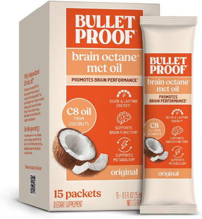 Bulletproof Brain Octane C8 MCT Oil and Brain Octane C8 MCT Oil Packets Bundle, Pack of 15, Keto Supplement for Sustained Energy and Craving Support