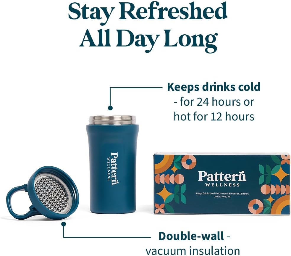 Pattern Wellness Insulated Water Bottle – 20 fl oz, Double-Wall Vacuum Sealed, Keeps Drinks Cold 24 Hrs/Hot 12 Hrs, Leak-Proof, BPA-Free, Sweat-Proof, Durable & Travel-Friendly