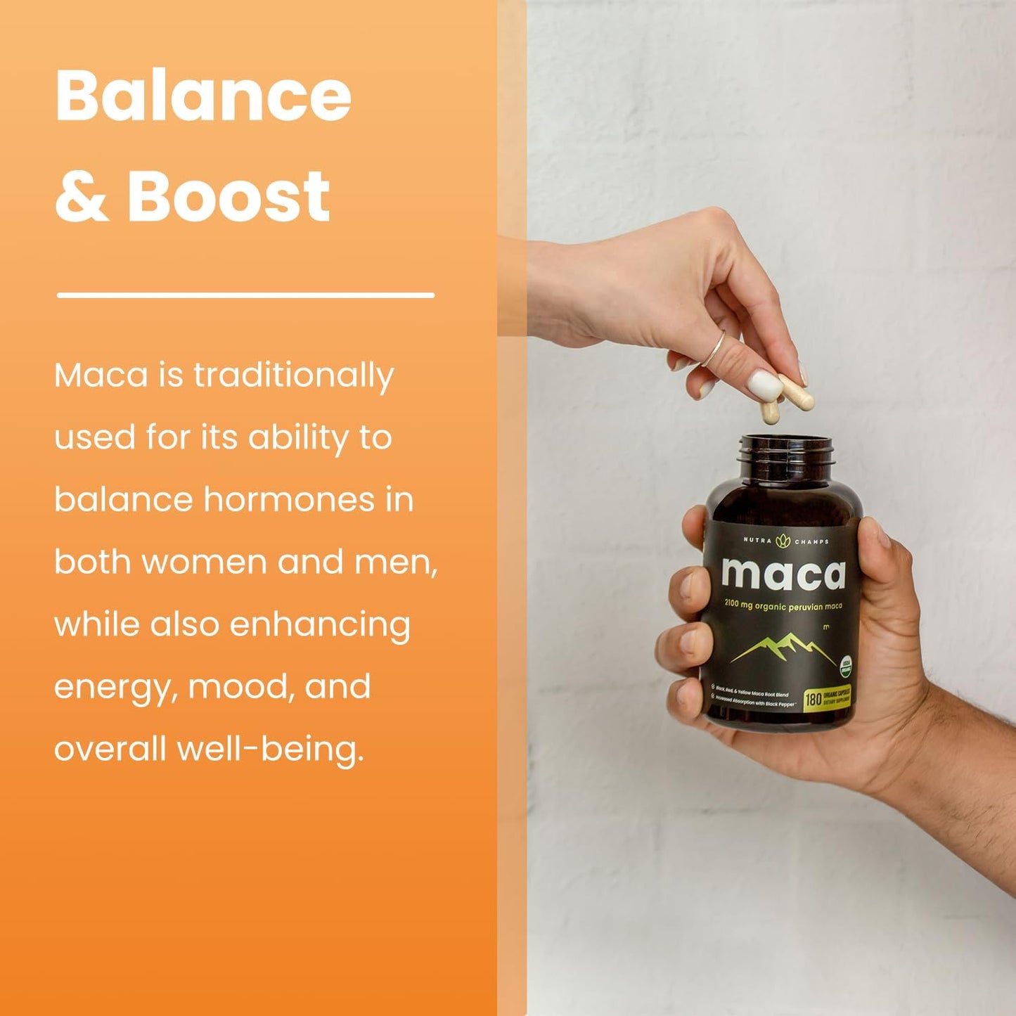NutraChamps USDA Organic Maca Root Capsules for Women & Men, 2100mg, 180 Capsules, Black, Red & Yellow, Peruvian Maca Peruana, Extra Strength Pure Premium Gelatinized Root Powder Supplement