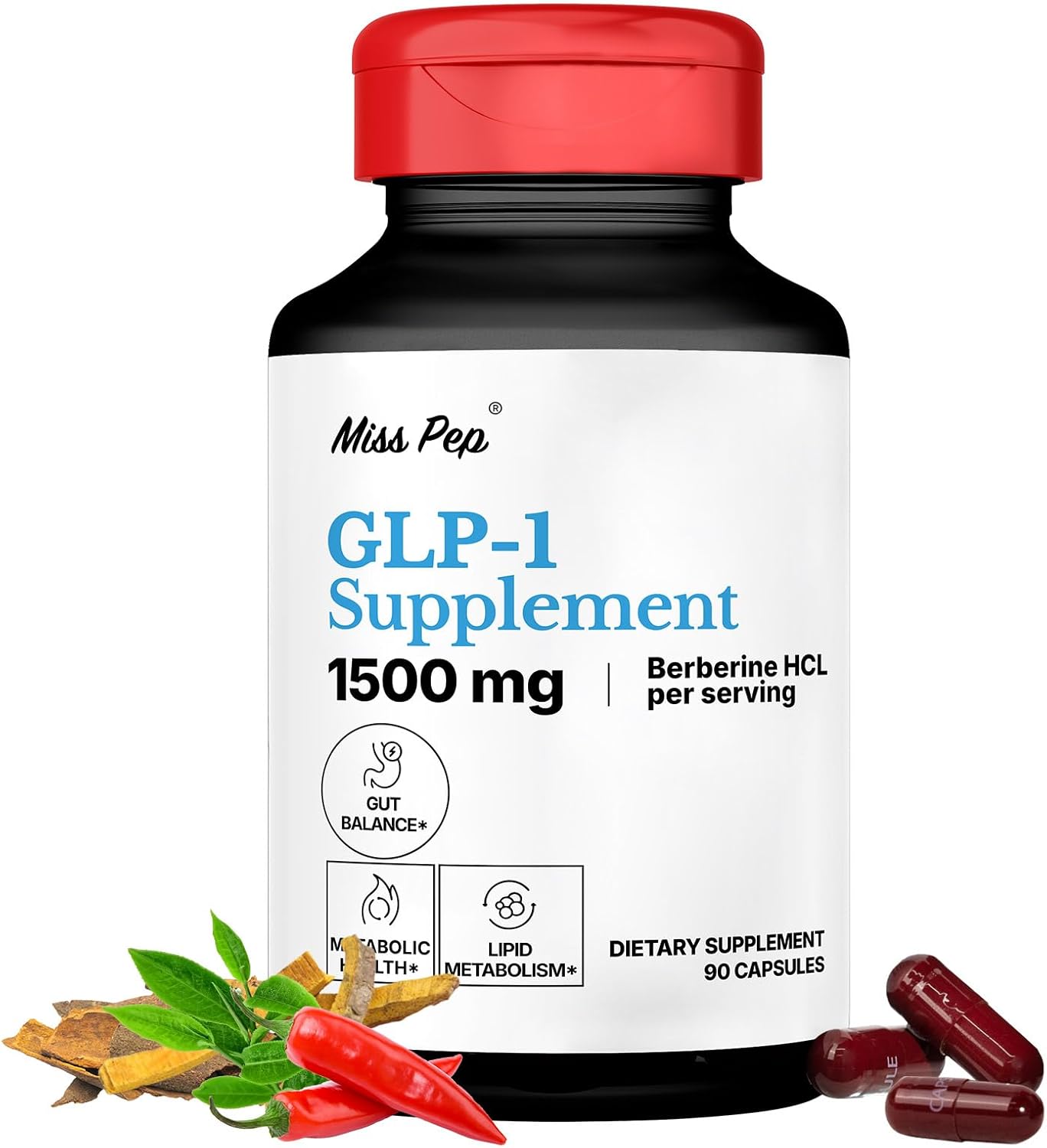GLP-1 Supplement – High Potency Berberine HCl 1500mg with Ceylon Cinnamon, Green Tea & Cayenne Extract – Supports Appetite Control, Gut Balance & Metabolism – 90 Capsules