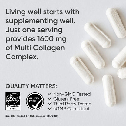 Sports Research® Multi Collagen Pills for Women & Men - Collagen Peptides (Type I, II, III, V, X) Enhanced with Hyaluronic Acid & Vitamin C - Gluten Free · Non-GMO - 90 Capsules