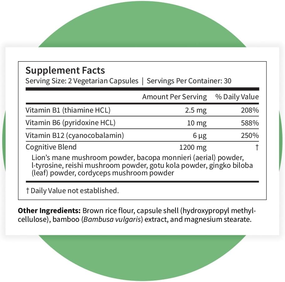 Pattern Wellness Cognitive Complex Supplement – Supports Brain Health & Mental Clarity – with Lion’s Mane, Bacopa & B Vitamins – 60 Vegetarian Capsules
