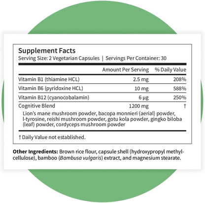 Pattern Wellness Cognitive Complex Supplement – Supports Brain Health & Mental Clarity – with Lion’s Mane, Bacopa & B Vitamins – 60 Vegetarian Capsules
