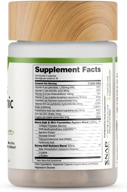 Snap Supplements Men's Hair Tonic, Vitamins for Men with Biotin, 60 Capsule | Nutritional Support for Hair, Skin, Nails & Beard with Kelp, Bamboo, Collagen Peptides, & Horsetail, Non-GMO, Gluten-Free