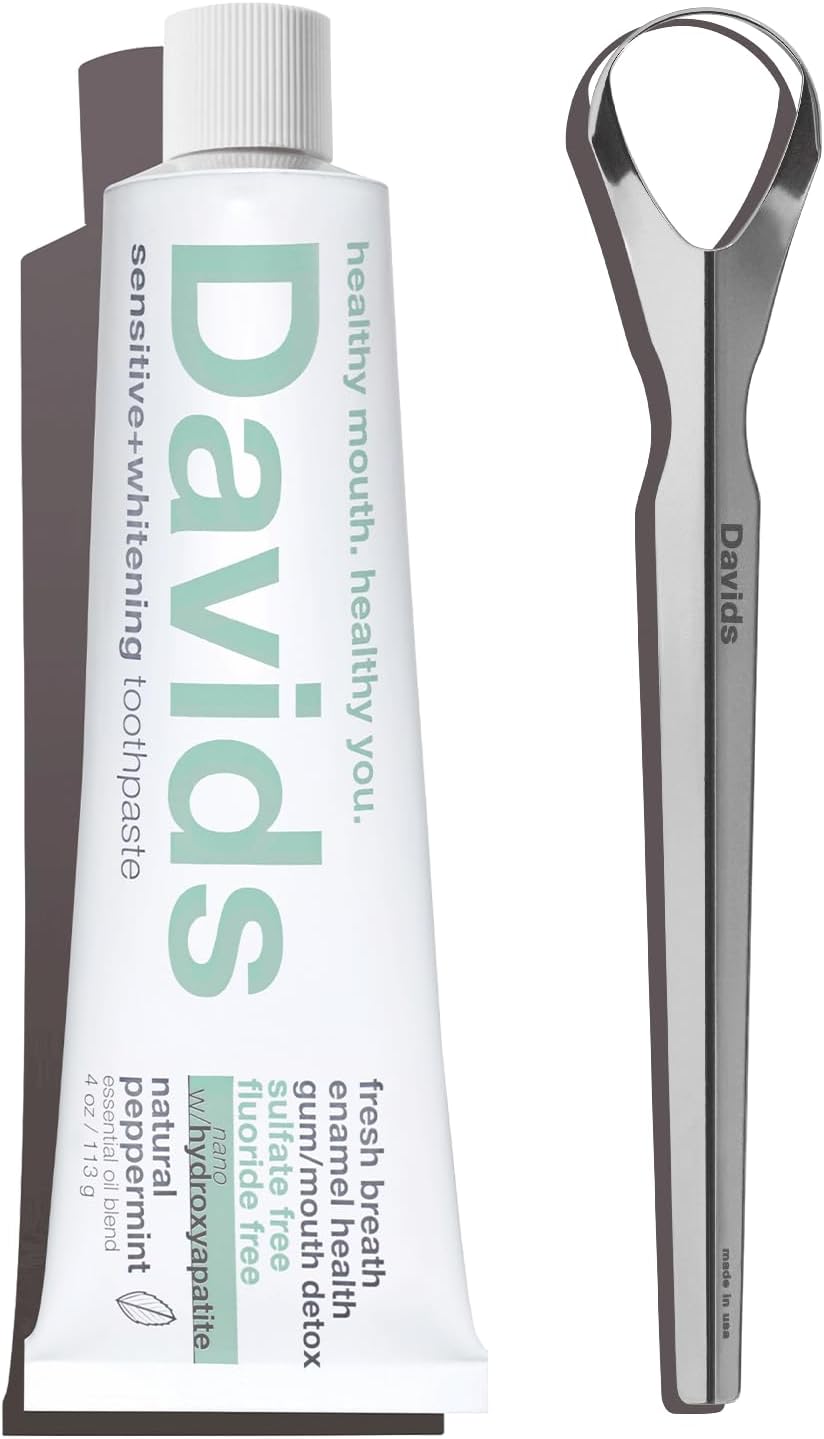Davids Nano Hydroxi Toothpaste and Tongue Scraper Bundle, Remineralize Enamel, Sensitive Relief & Teeth Whitening - Antiplaque, Fluoride Free, SLS Free, Peppermint, 4oz, Made in USA