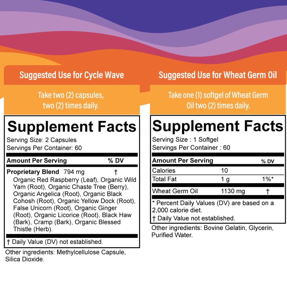 SPRIGS Cycle Wave Phase 1 Hormonal Support Kit for Tween Girls | Supplements to Promote a Healthy Menstrual Cycle & Balance Mood | 120 Herbal Capsules & 60 Wheat Germ Oil Softgels for a 30 Day Supply