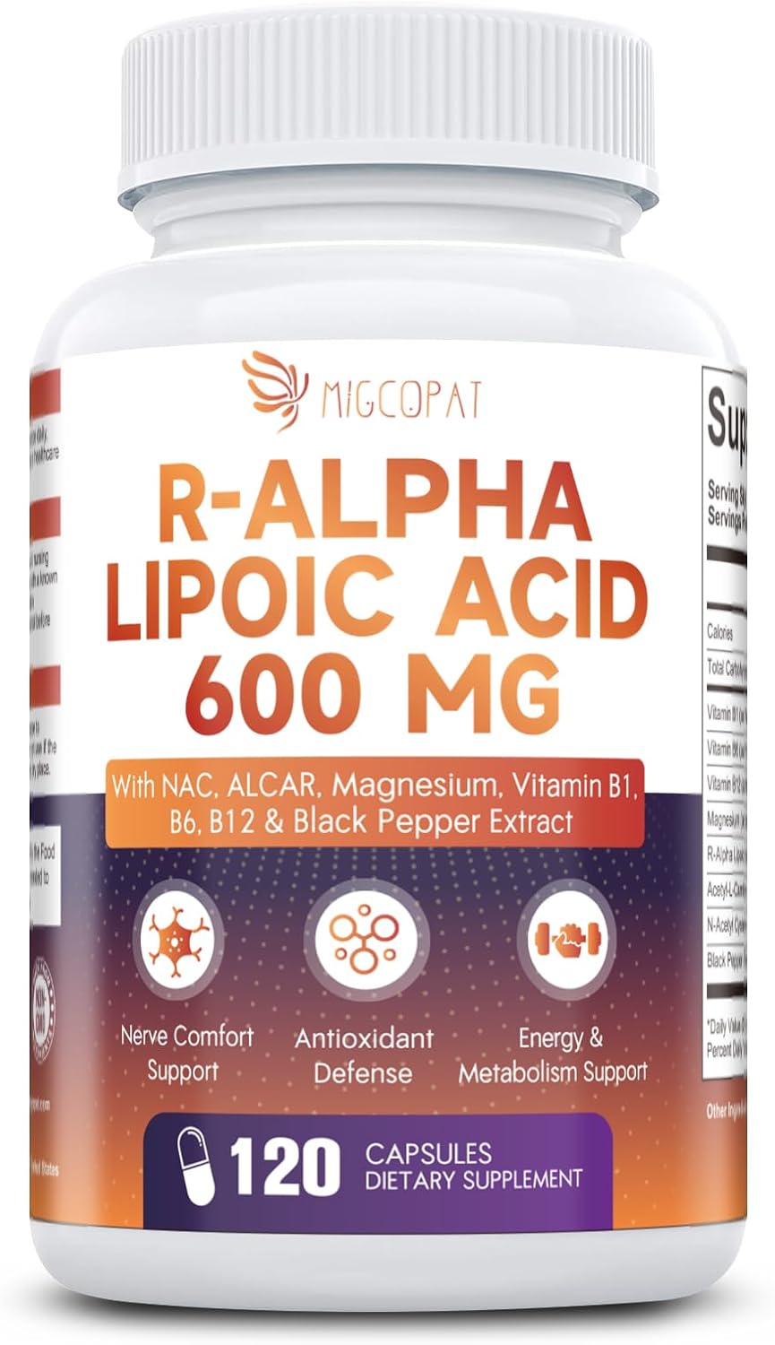 Migcopat R-Alpha Lipoic Acid 600mg, Neuropathy Supplements with ALCAR, NAC, Magnesium, Active B-Vitamins | Antioxidant for Energy & Nervous System Support, Non-GMO, Gluten Free, Vegan, 120 Capsules