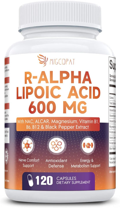 Migcopat R-Alpha Lipoic Acid 600mg, Neuropathy Supplements with ALCAR, NAC, Magnesium, Active B-Vitamins | Antioxidant for Energy & Nervous System Support, Non-GMO, Gluten Free, Vegan, 120 Capsules