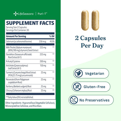 LifeSeasons Puri-T - Liver Cleanse & Detox Support Supplement - Resveratrol, N-Acetyl Cysteine, Milk Thistle, Artichoke & Turmeric - Supports Tissue Regeneration & Healthy Bile Flow - 60 Capsules