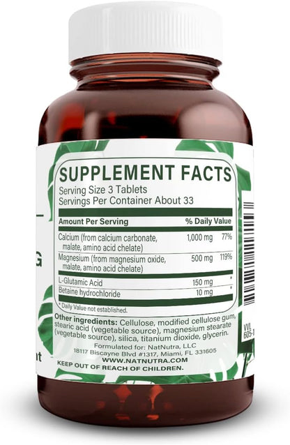 Natural Nutra Chelated Calcium Magnesium 1000/500 mg Supplements Plus Betaine HCL - Chelated Cal Mag Improves Bone Density, Supports Muscle, Teeth, Cardiovascular & Nerve Health, 100 Vegan Tablets