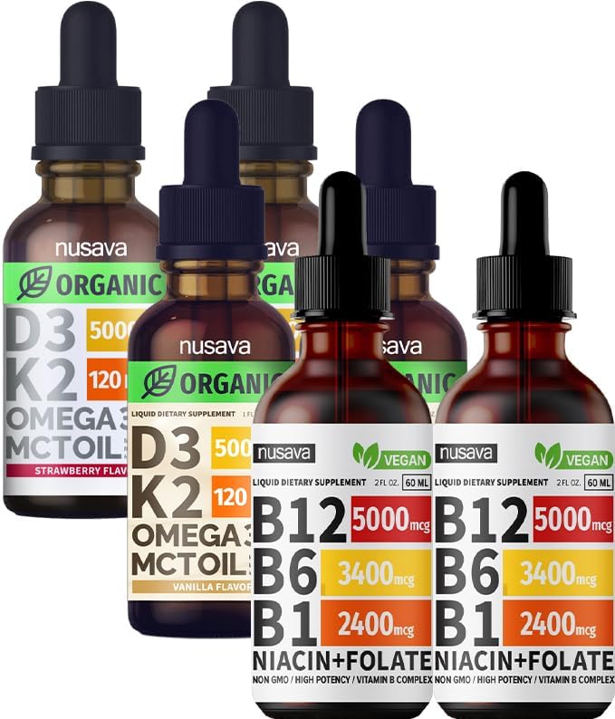 NUSAVA Vitamin B12 Liquid Drops, Strawberry Flavored D3 K2 & Vanilla Flavored D3 K2 Bundle — Daily Wellness Liquid Vitamins for Energy & Immune Support — Non-GMO, Gluten-Free, 2pk Each