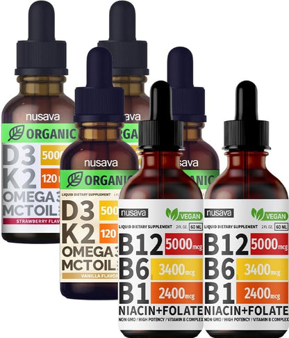 NUSAVA Vitamin B12 Liquid Drops, Strawberry Flavored D3 K2 & Vanilla Flavored D3 K2 Bundle — Daily Wellness Liquid Vitamins for Energy & Immune Support — Non-GMO, Gluten-Free, 2pk Each