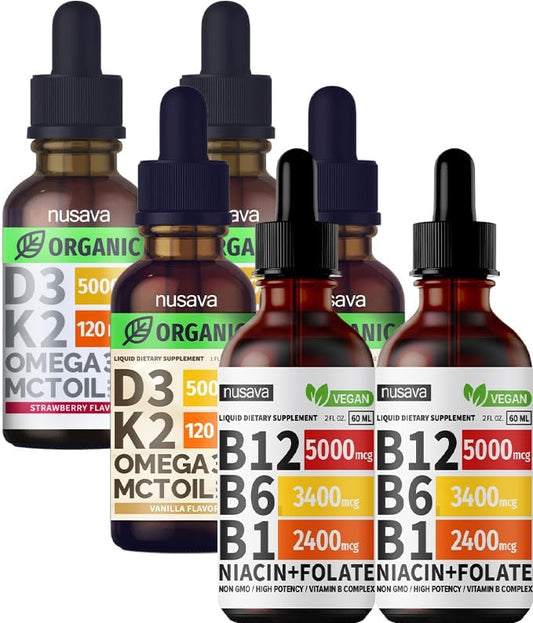 NUSAVA Vitamin B12 Liquid Drops, Strawberry Flavored D3 K2 & Vanilla Flavored D3 K2 Bundle — Daily Wellness Liquid Vitamins for Energy & Immune Support — Non-GMO, Gluten-Free, 2pk Each