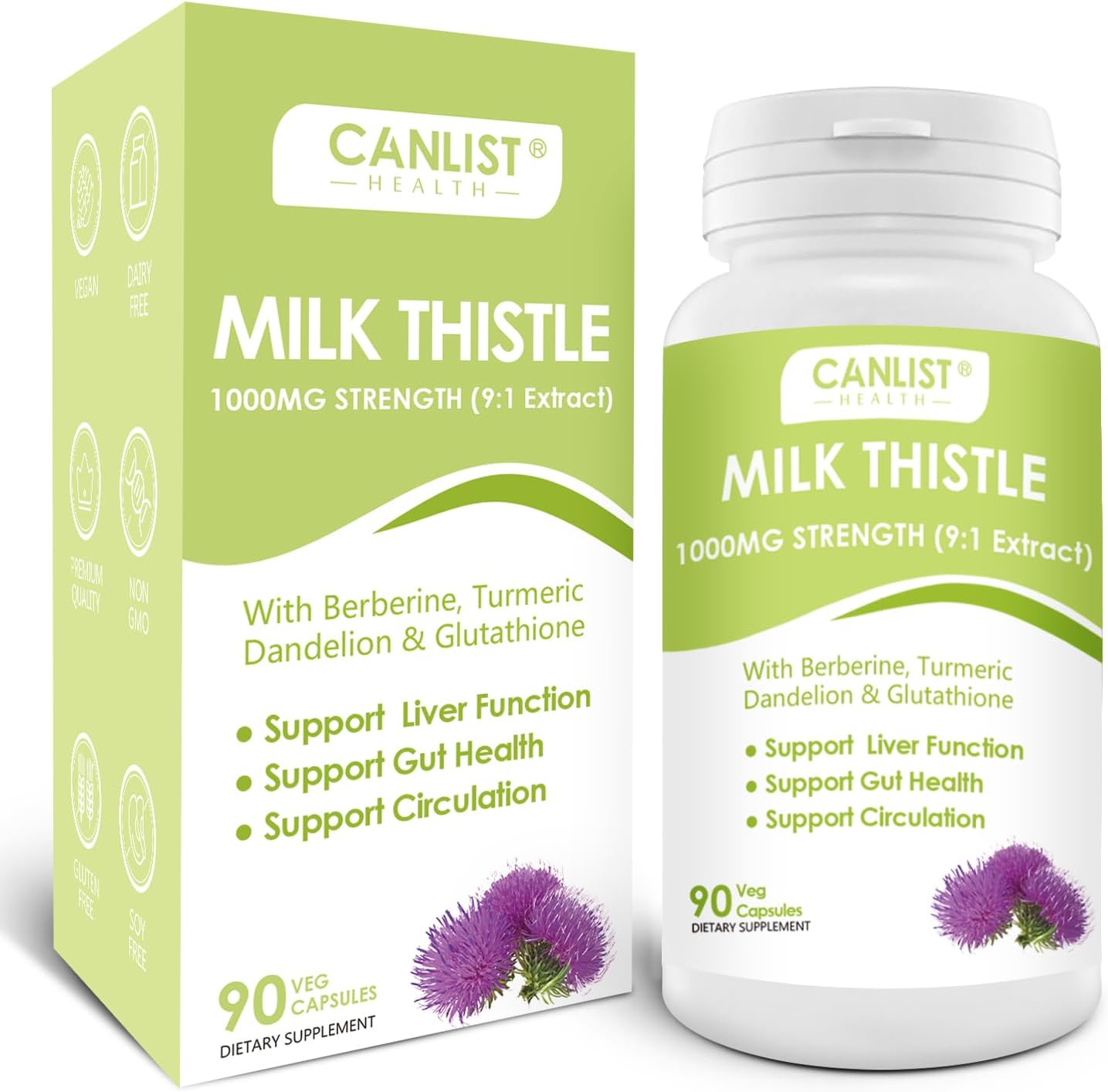 CANLIST Milk Thistle Capsules 1000mg, Potent 9:1 Extract, Liver Health Support, Detox & Cleanse, Antioxidant & Gut Health, Non-GMO, Gluten-Free, 90 Capsules