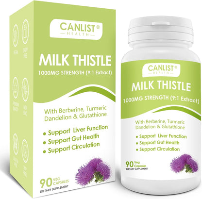 CANLIST Milk Thistle Capsules 1000mg, Potent 9:1 Extract, Liver Health Support, Detox & Cleanse, Antioxidant & Gut Health, Non-GMO, Gluten-Free, 90 Capsules