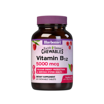 BlueBonnet Nutrition Earth Sweet Vitamin B12 1000 mcg & Folic Acid 400mcg - Brain Health & Energy Vitamins for Women & Men - Vegan, Gluten-Free Raspberry B 12 Vitamin - 90 Chewable Tablets