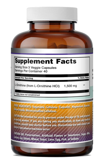 Amazing Formulas L-Ornithine 1500 Mg Per Serving Veggie Capsules Supplement | Non-GMO | Gluten Free | Made in USA (120 Count)