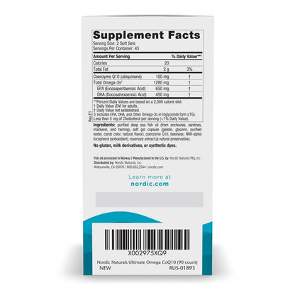 Nordic Naturals Ultimate Omega + CoQ10, Lemon Flavor - 120 Count | 1280mg Omega-3 + 100mg CoQ10 for heart health & cellular energy. Antioxidant. Non-GMO soft gels. 60 servings.
