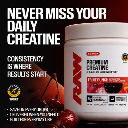 RAW Nutrition Creatine Monohydrate Powder, Unflavored (30 Servings) - Micronized Creatine Monohydrate Supplement for Workout Performance, Build Muscle & Strength - Creatine Powder for Men & Women