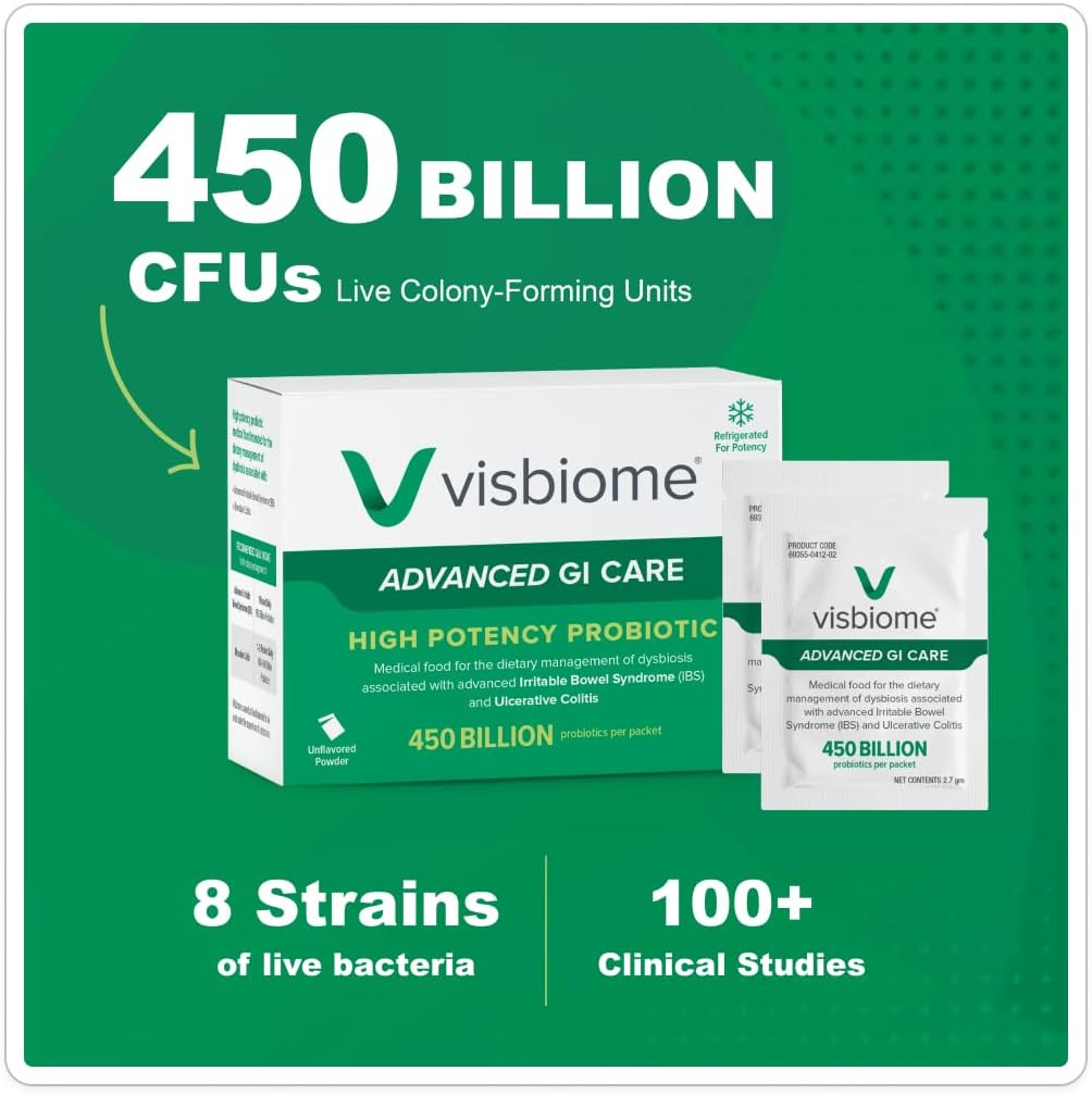 Visbiome® Advanced GI Care High Potency Probiotic, 450B CFU, 30 Packets | Original De Simone Formulation®, Multi-Strain, Refrigerated Probiotics, Low FODMAP Certified, Gluten-Free, Made in USA