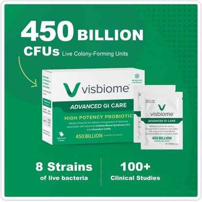 Visbiome® Advanced GI Care High Potency Probiotic, 450B CFU, 30 Packets | Original De Simone Formulation®, Multi-Strain, Refrigerated Probiotics, Low FODMAP Certified, Gluten-Free, Made in USA