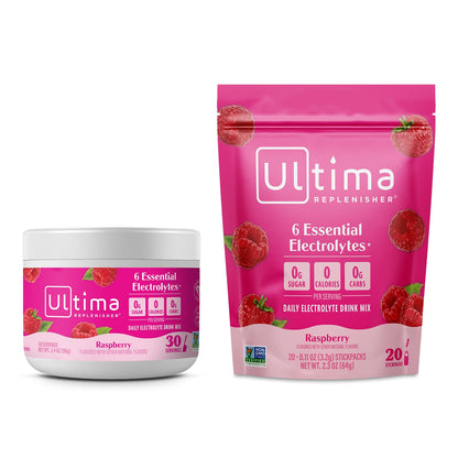 Ultima Replenisher Electrolyte Powder Drink Mix Bundle – Sugar Free – Rasberry, 30 Serving Canister and 20 Stickpacks – 6 Electrolytes and Minerals – Keto Friendly, Vegan, Non-GMO
