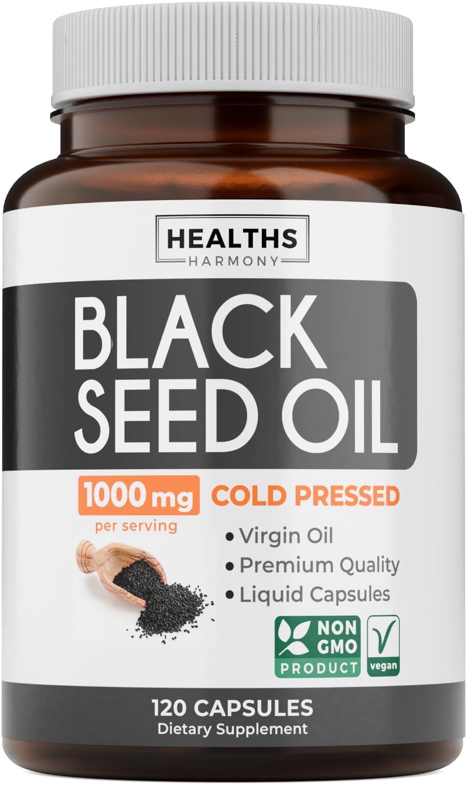 Black Seed Oil - 120 Softgel Capsules Skin Health (Non-GMO & Vegan) Cold-Pressed Nigella Sativa Producing Pure Black Cumin Seed Oil with Vitamin E - 500mg Each, 1000mg Per 2 Capsule Serving