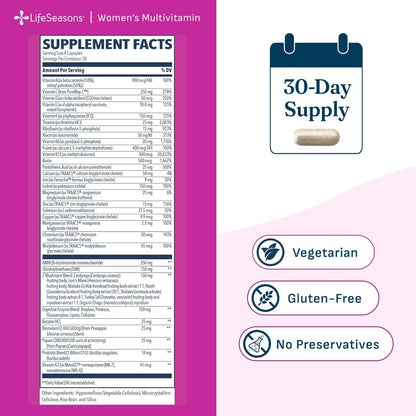 LifeSeasons Women's Multivitamin – High Potency with 21 Vitamins & Minerals, PureWay-C®, NAD+, Active B-Vitamins, TRAACS® Chelates, enXtra® for Energy, Probiotics & Mushrooms – 120 Veg Capsules