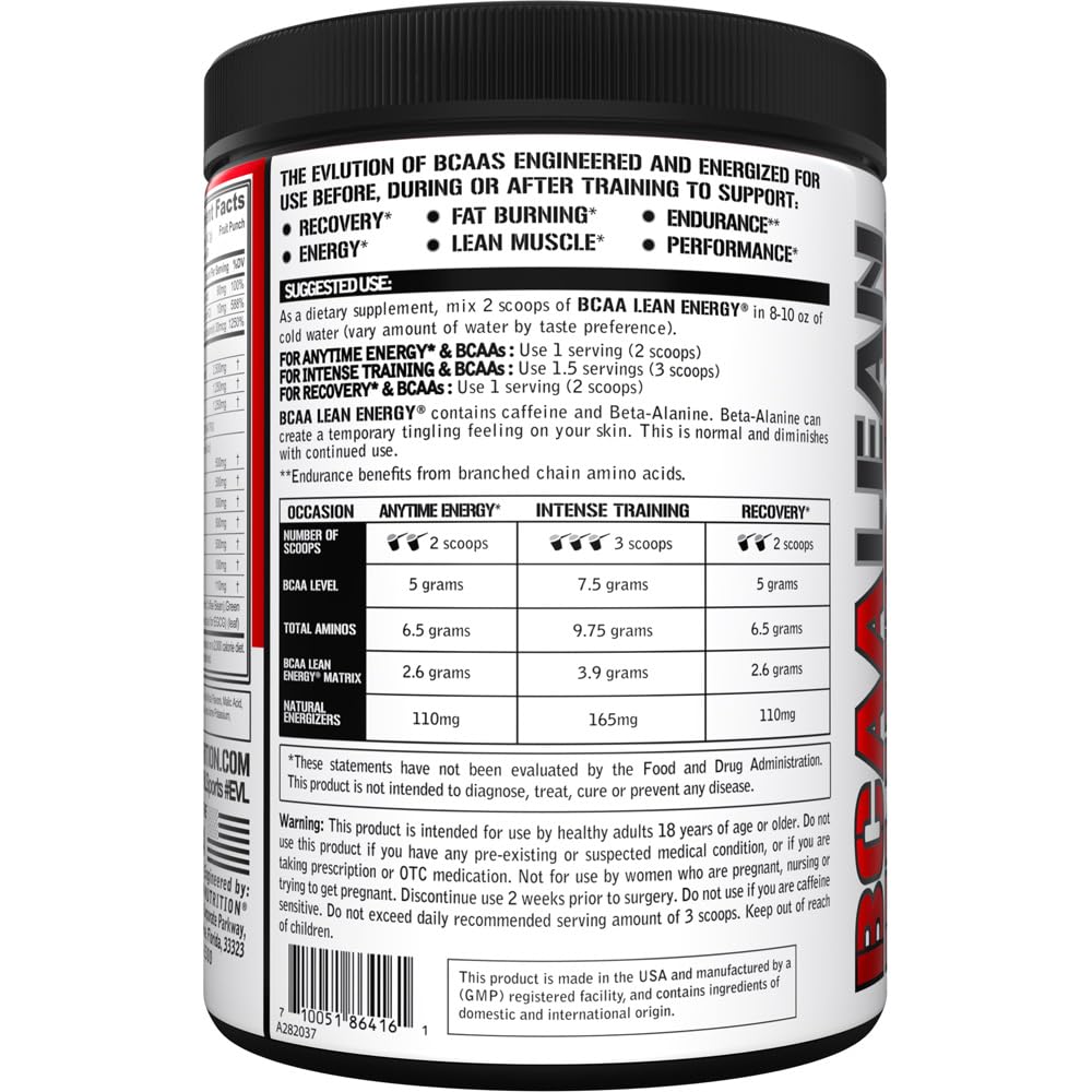 EVL BCAA Lean Energy Powder - Pre Workout Green Tea Fat Burner Support with BCAAs Amino Acids and Clean Energizers - Post Workout Recovery Drink for Lean Muscle Recovery - Cherry Limeade