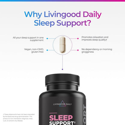 Livingood Daily Sleep Support Supplement, 10-in-1 Natural Sleep Aid with 5 MG Melatonin, Valerian Root, Chamomile, Tryptophan & GABA for Men & Women, Non Habit Forming, Gluten Free, Vegan, 60 Capsules