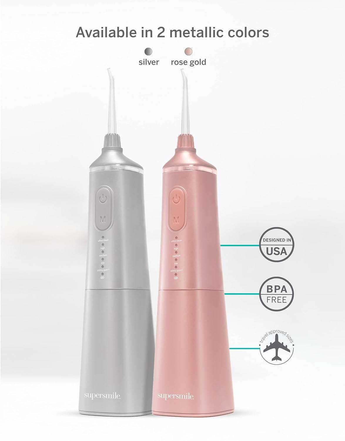 Supersmile Professional Zina Water Flosser, Silver, Rechargeable Cordless Water Flosser, 5 Cleaning Modes, Waterproof, Travel Friendly, Safe for Veneers & Braces