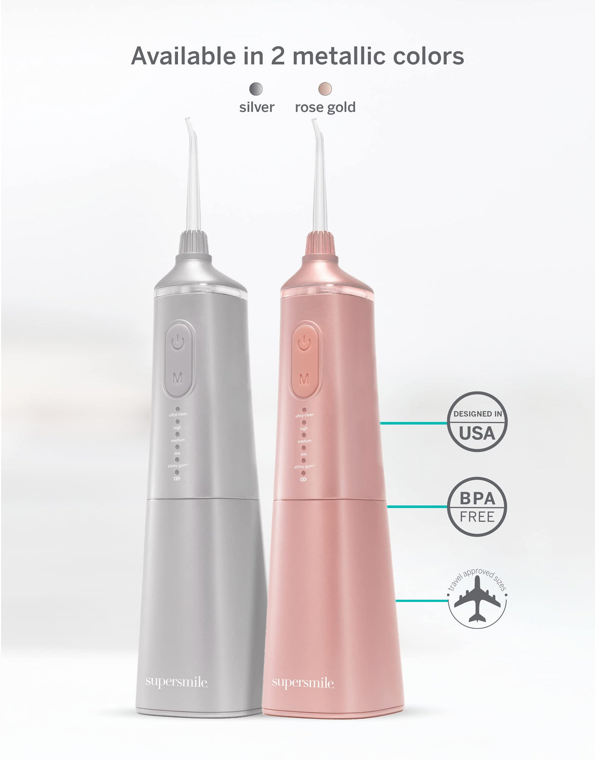 Supersmile Professional Zina Water Flosser, Silver, Rechargeable Cordless Water Flosser, 5 Cleaning Modes, Waterproof, Travel Friendly, Safe for Veneers & Braces