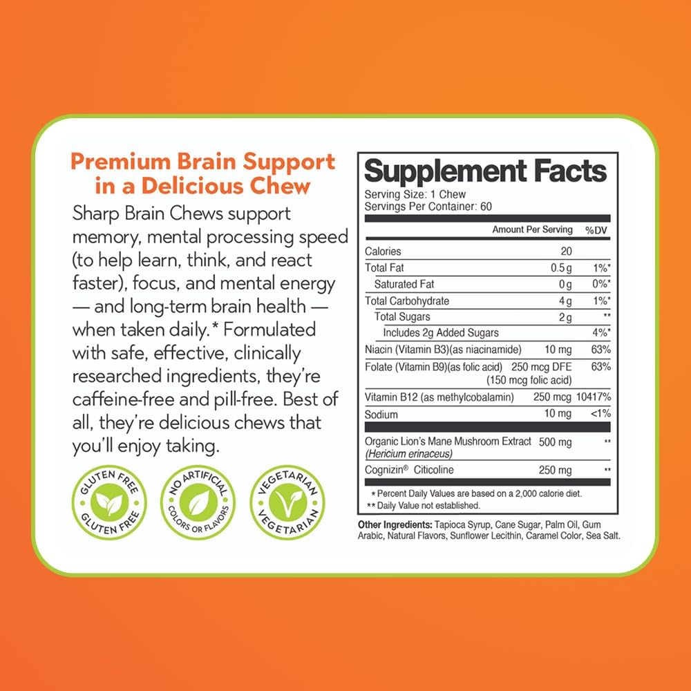 Sharp Brain – Soft Chews for Memory & Focus – Daily Cognitive Support to Help You Stay Sharp – Lion’s Mane Mushroom, Cognizin® Citicoline & B Vitamins – Caffeine-Free, 60 Chews