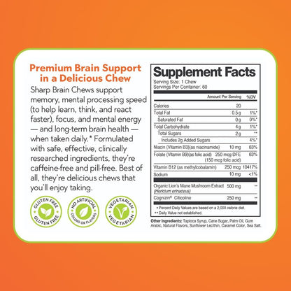 Sharp Brain – Soft Chews for Memory & Focus – Daily Cognitive Support to Help You Stay Sharp – Lion’s Mane Mushroom, Cognizin® Citicoline & B Vitamins – Caffeine-Free, 60 Chews