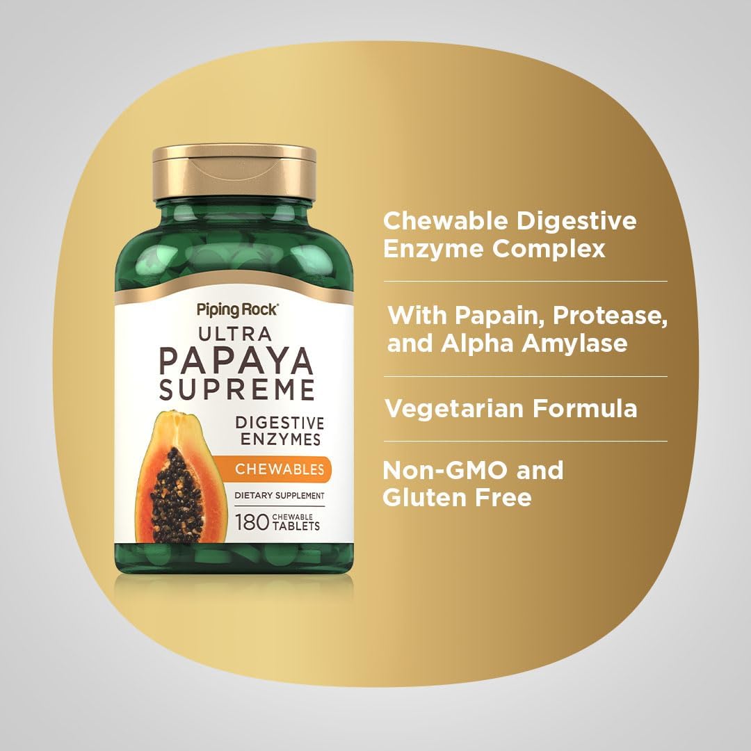 Piping Rock Papaya Digestive Enzymes Chewable | 180 Tablets | Ultra Supplement for Women and Men | Carica Papaya | Vegetarian, Non-GMO, Gluten Free