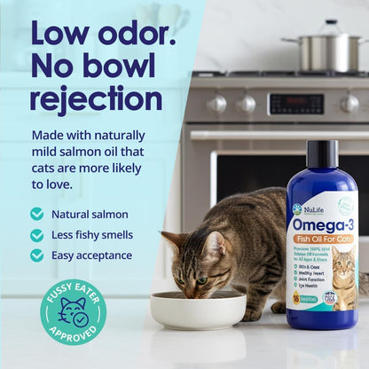 Premium Omega 3 Fish Oil for Cats - Wild Alaskan Salmon Oil Supplement for Skin and Coat - Liquid Cat Supplement for Shedding Control & Cat Dandruff (4, Fluid Ounces)