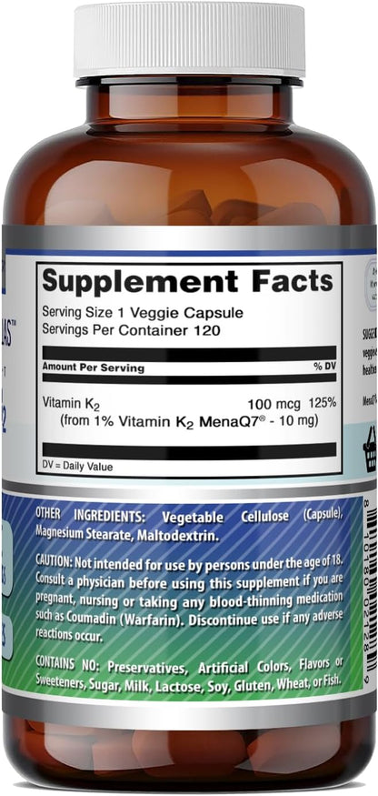 Buy supplements ​Amazing Formulas Vitamin K2 Menaq7 MK7 Supplement | 100 Mcg | Veggie Capsules | Non-GMO | Gluten Free | Made in USA (1 Pack, 120 Count) - HappyTots USA