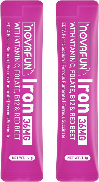 36mg Iron Powder Supplement, High Absorption with Patented Hydrogel Tech, Melt-in-Mouth Stick Packs with VIT C, Folate & B12 – Gentle, No Metallic Taste, Red Beet Flavor, 20 Count