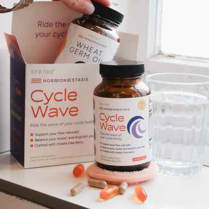 SPRIGS Cycle Wave Phase 1 Hormonal Support Kit for Tween Girls | Supplements to Promote a Healthy Menstrual Cycle & Balance Mood | 120 Herbal Capsules & 60 Wheat Germ Oil Softgels for a 30 Day Supply