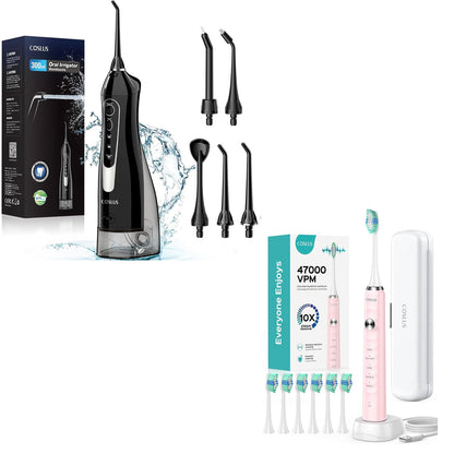COSLUS Water Dental Flosser Teeth Pick: Portable Cordless Oral Irrigator 300ML Rechargeable and Electric Toothbrush for Adults Kids Wireless Rechargeable Tooth Brush
